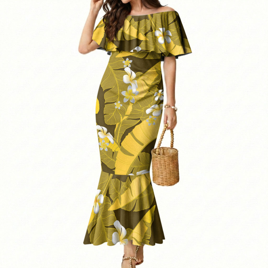 Yellow Banana Leaf Hawaii Mermaid Dress Lau Maia Plumeria Tropical Summer Vibes LT14 Women Yellow - Polynesian Pride