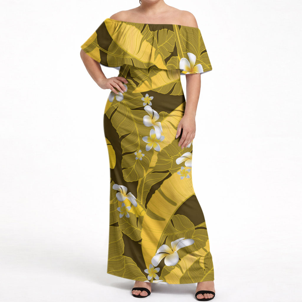 Yellow Banana Leaf Hawaii Off Shoulder Maxi Dress Lau Maia Plumeria Tropical Summer Vibes LT14 Women Yellow - Polynesian Pride