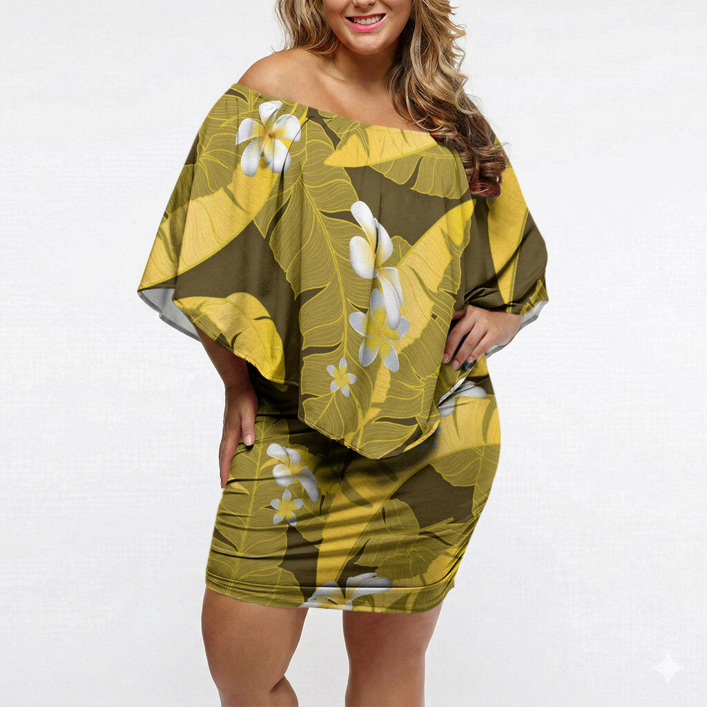 Yellow Banana Leaf Hawaii Off Shoulder Short Dress Lau Maia Plumeria Tropical Summer Vibes LT14 Women Yellow - Polynesian Pride