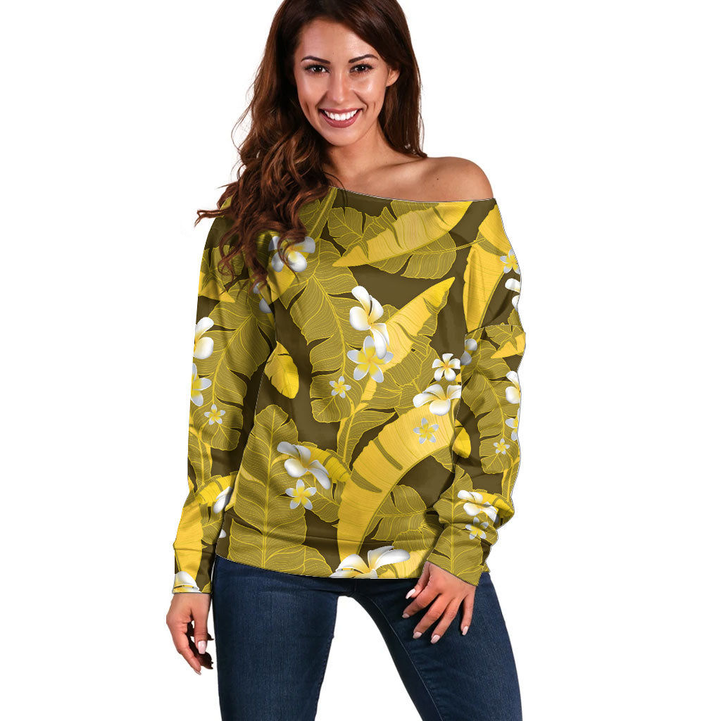 Yellow Banana Leaf Hawaii Off Shoulder Sweater Lau Maia Plumeria Tropical Summer Vibes LT14 Women Yellow - Polynesian Pride