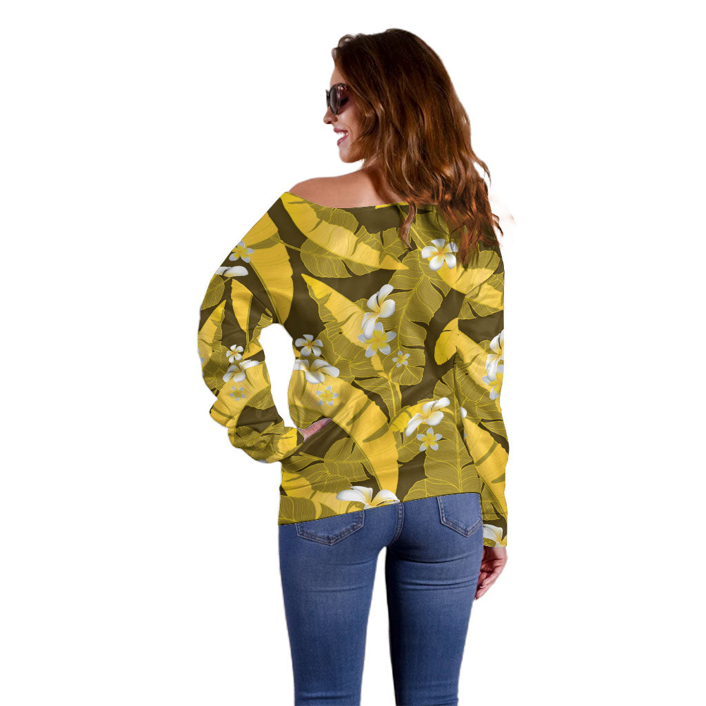 Yellow Banana Leaf Hawaii Off Shoulder Sweater Lau Maia Plumeria Tropical Summer Vibes LT14 - Polynesian Pride