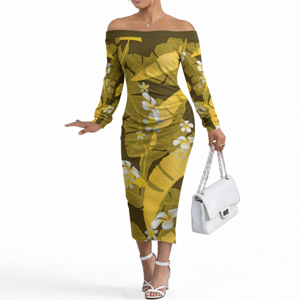 Yellow Banana Leaf Hawaii Off The Shoulder Long Sleeve Dress Lau Maia Plumeria Tropical Summer Vibes LT14 Women Yellow - Polynesian Pride
