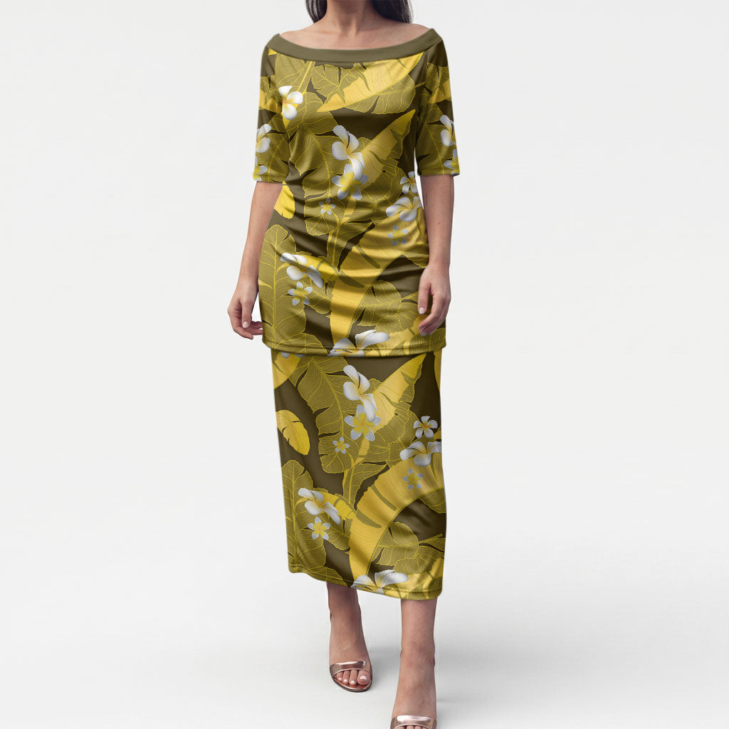 Yellow Banana Leaf Hawaii Puletasi Lau Maia Plumeria Tropical Summer Vibes LT14 Long Dress Yellow - Polynesian Pride