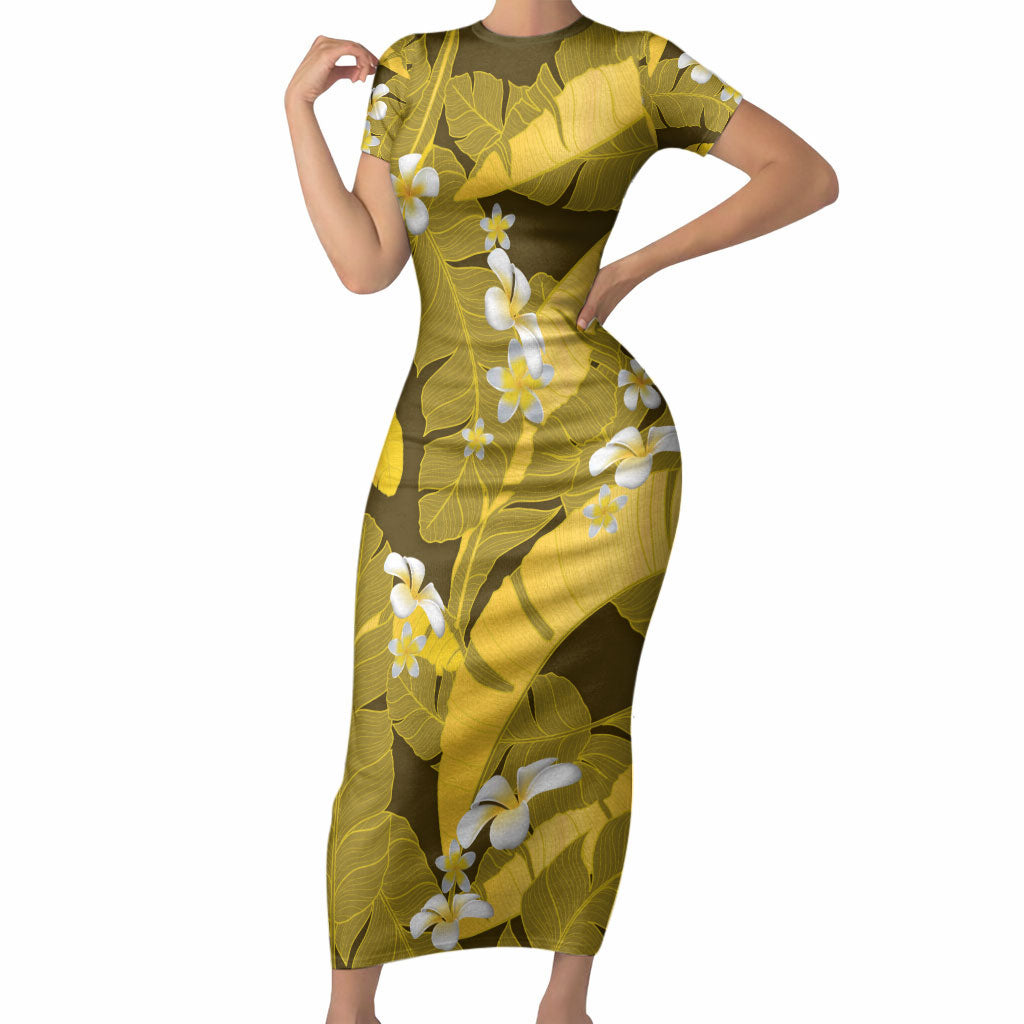Yellow Banana Leaf Hawaii Short Sleeve Bodycon Dress Lau Maia Plumeria Tropical Summer Vibes LT14 Long Dress Yellow - Polynesian Pride