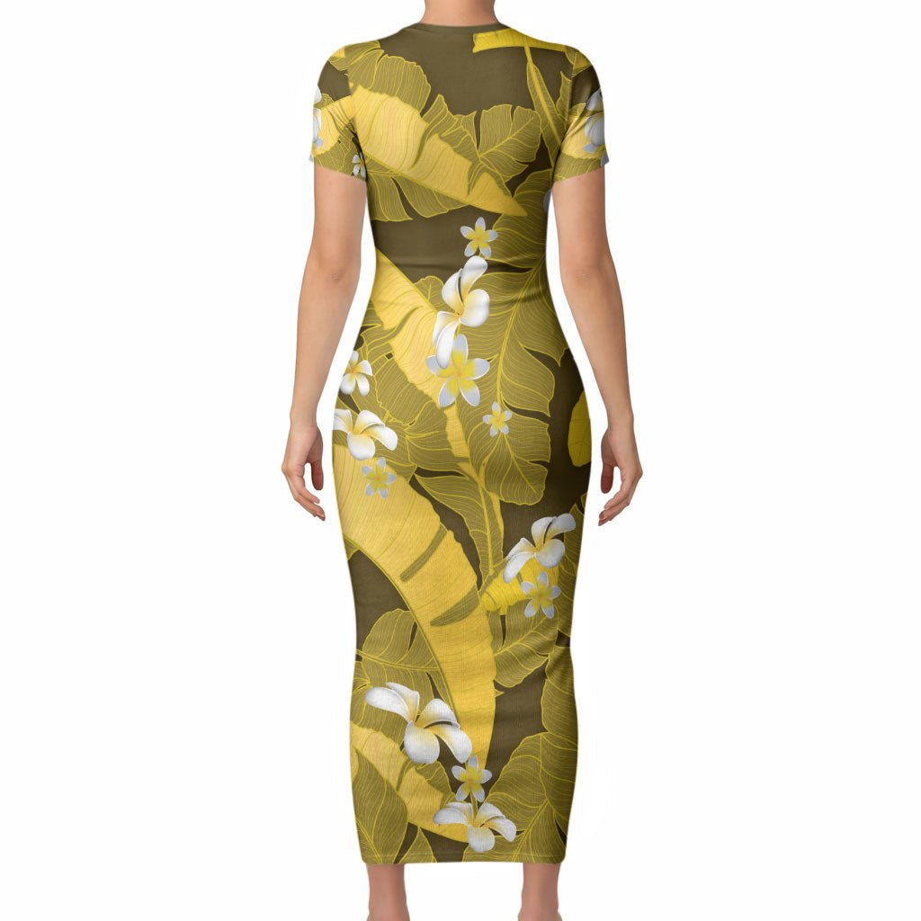 Yellow Banana Leaf Hawaii Short Sleeve Bodycon Dress Lau Maia Plumeria Tropical Summer Vibes LT14 - Polynesian Pride