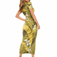Yellow Banana Leaf Hawaii Short Sleeve Bodycon Dress Lau Maia Plumeria Tropical Summer Vibes LT14 - Polynesian Pride