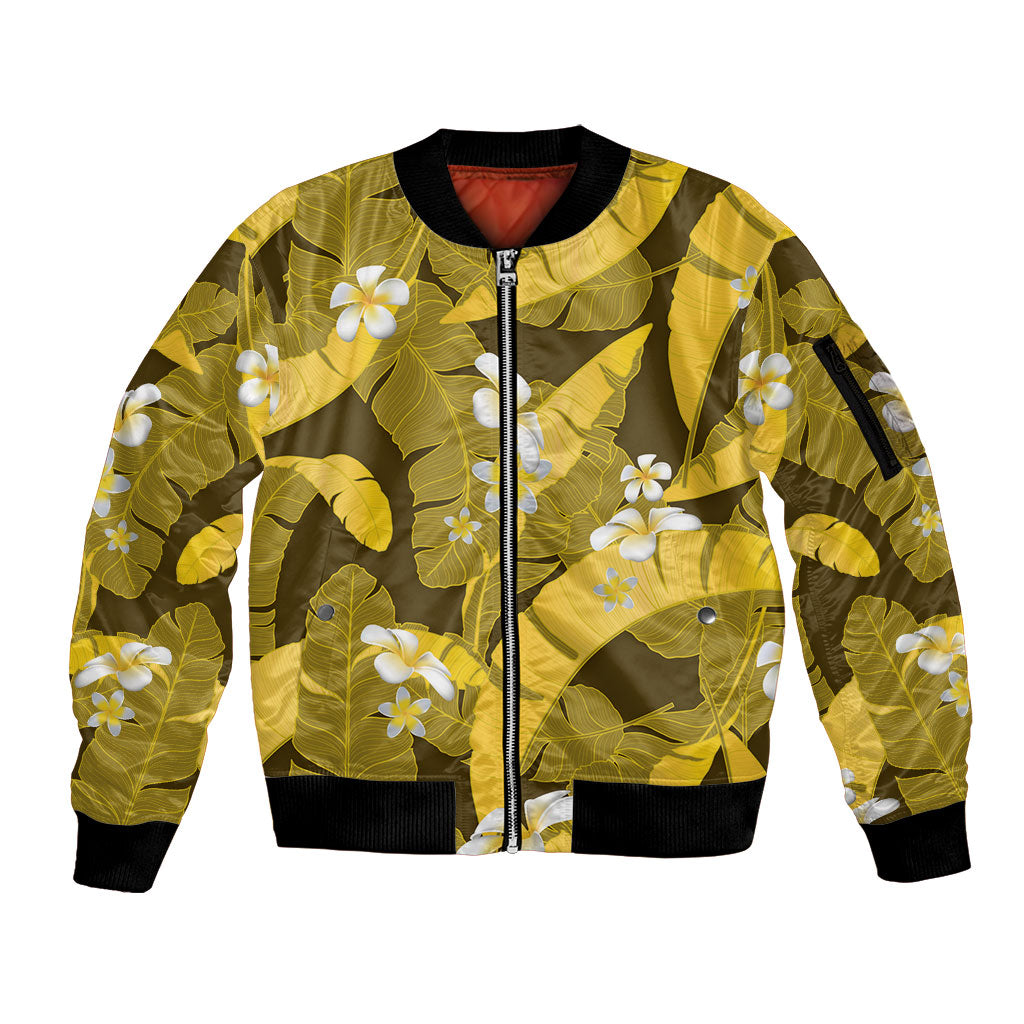 Yellow Banana Leaf Hawaii Sleeve Zip Bomber Jacket Lau Maia Plumeria Tropical Summer Vibes LT14 Unisex Yellow - Polynesian Pride