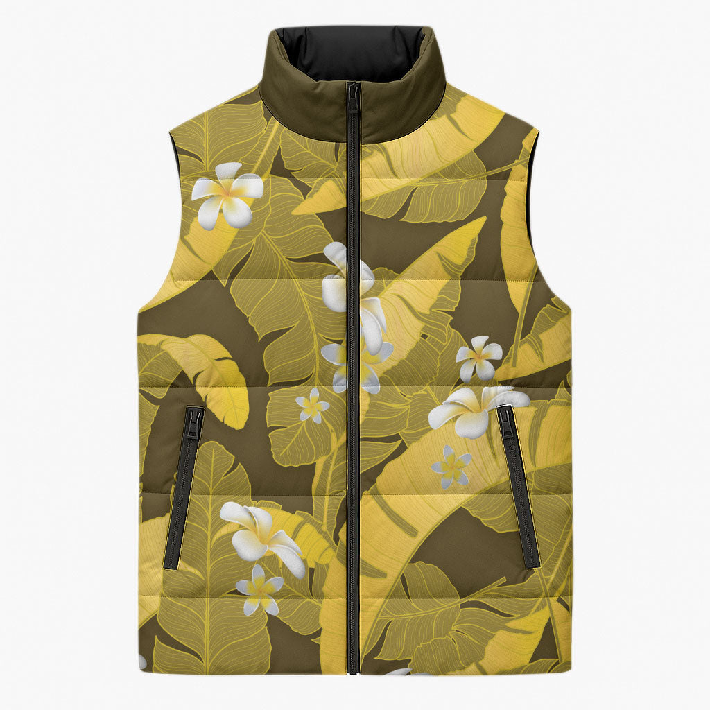 Yellow Banana Leaf Hawaii Sleeveless Puffer Jacket Lau Maia Plumeria Tropical Summer Vibes LT14 Unisex Yellow - Polynesian Pride