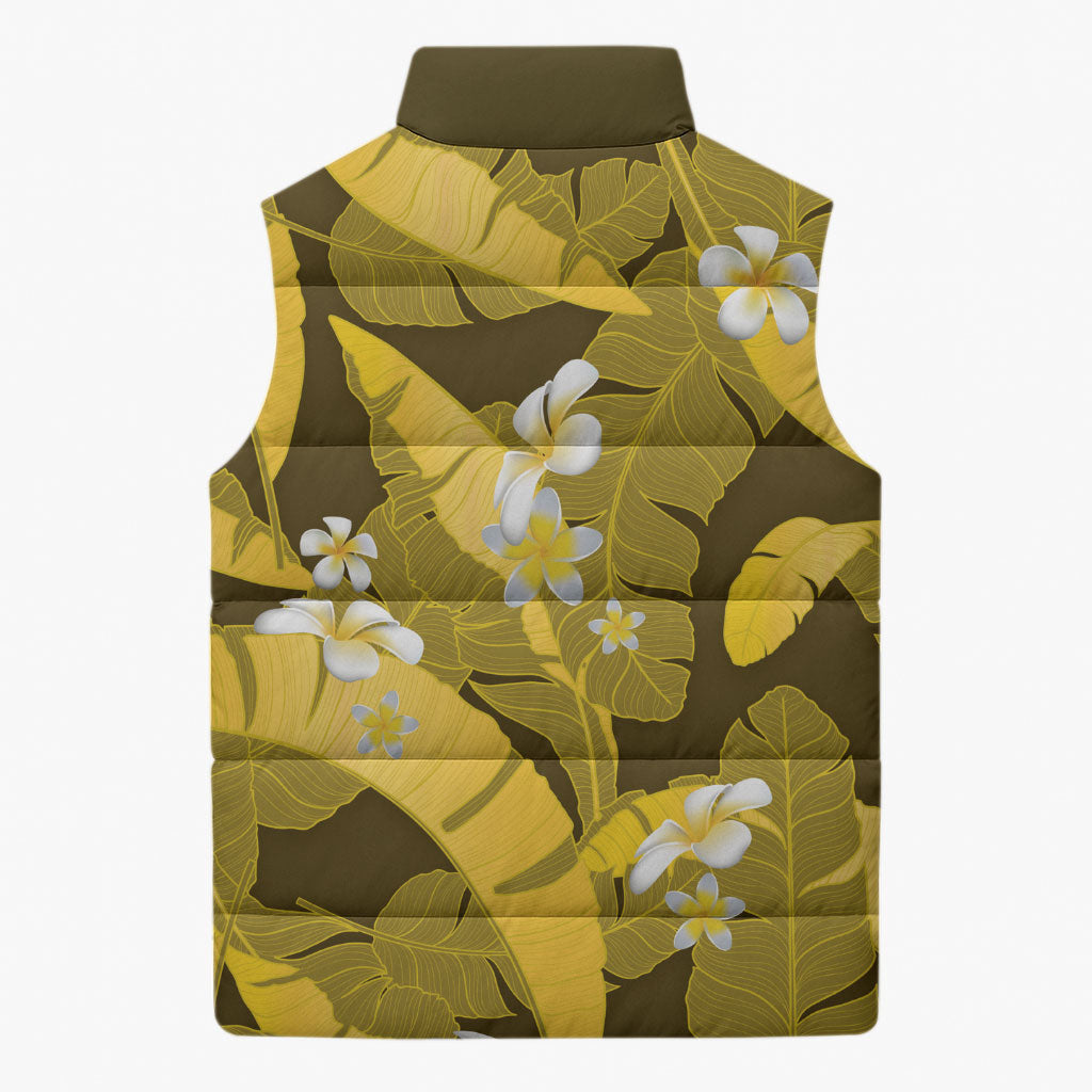 Yellow Banana Leaf Hawaii Sleeveless Puffer Jacket Lau Maia Plumeria Tropical Summer Vibes LT14 - Polynesian Pride