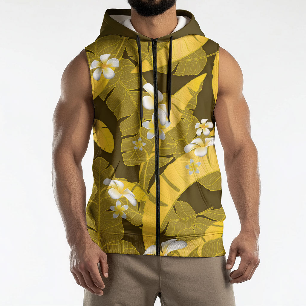 Yellow Banana Leaf Hawaii Sleeveless Zip Hoodie Lau Maia Plumeria Tropical Summer Vibes LT14 - Polynesian Pride