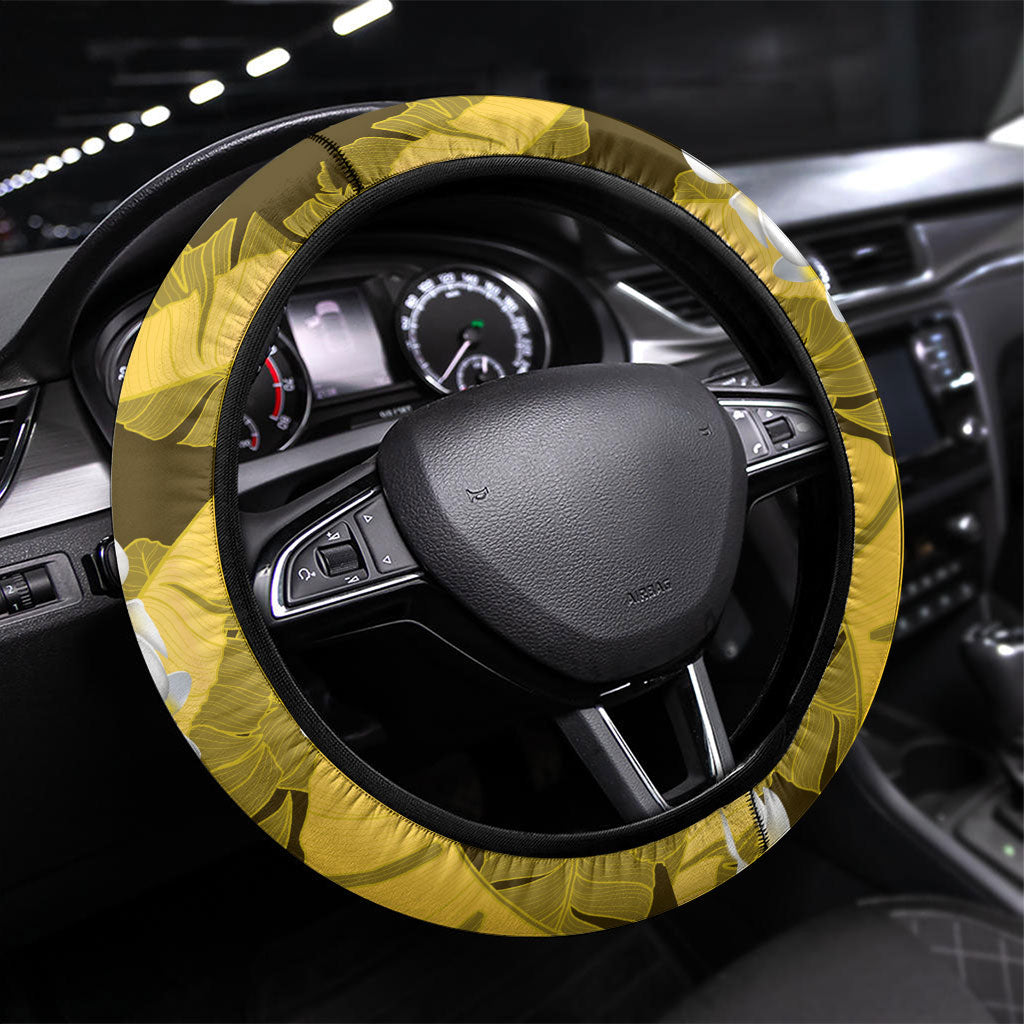 Yellow Banana Leaf Hawaii Steering Wheel Cover Lau Maia Plumeria Tropical Summer Vibes LT14 Universal Fit Yellow - Polynesian Pride