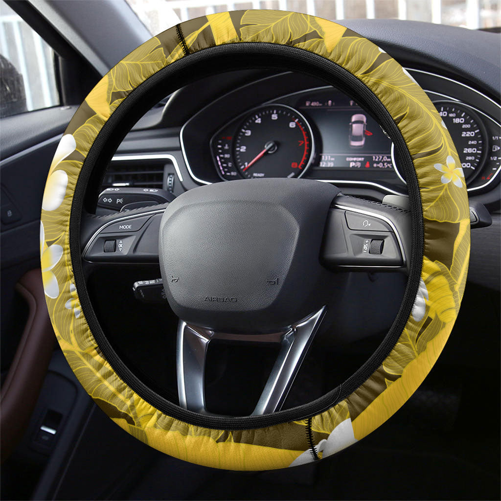 Yellow Banana Leaf Hawaii Steering Wheel Cover Lau Maia Plumeria Tropical Summer Vibes LT14 - Polynesian Pride