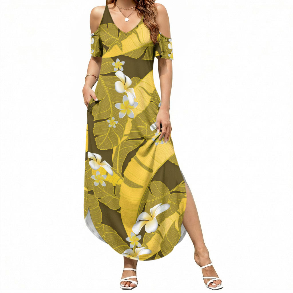 Yellow Banana Leaf Hawaii Summer Maxi Dress Lau Maia Plumeria Tropical Summer Vibes LT14 Women Yellow - Polynesian Pride