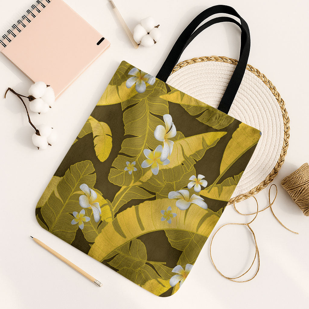 Yellow Banana Leaf Hawaii Tote Bag Lau Maia Plumeria Tropical Summer Vibes LT14 Black Strap One Size Yellow - Polynesian Pride