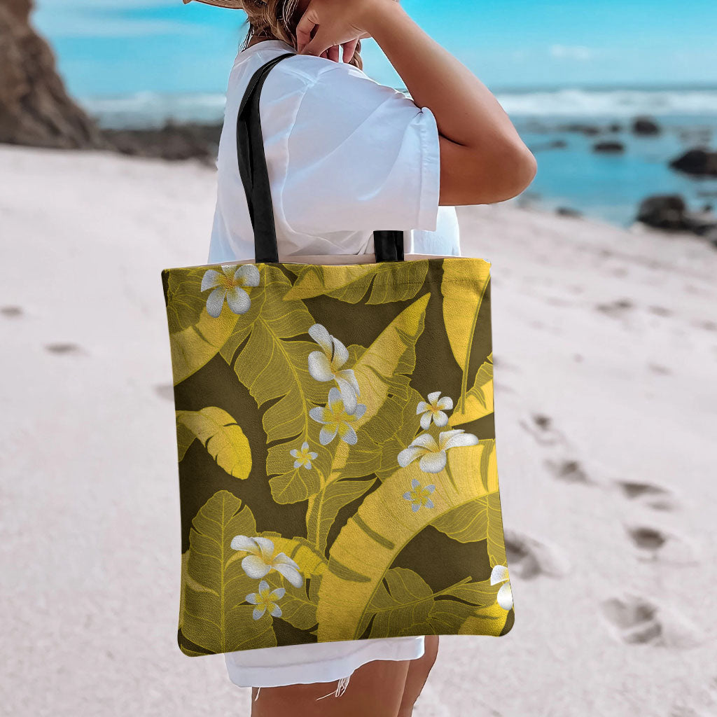 Yellow Banana Leaf Hawaii Tote Bag Lau Maia Plumeria Tropical Summer Vibes LT14 - Polynesian Pride