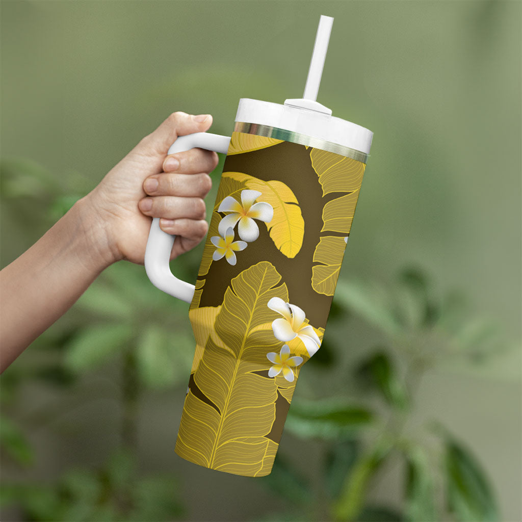 Yellow Banana Leaf Hawaii Tumbler With Handle Lau Maia Plumeria Tropical Summer Vibes LT14 - Polynesian Pride