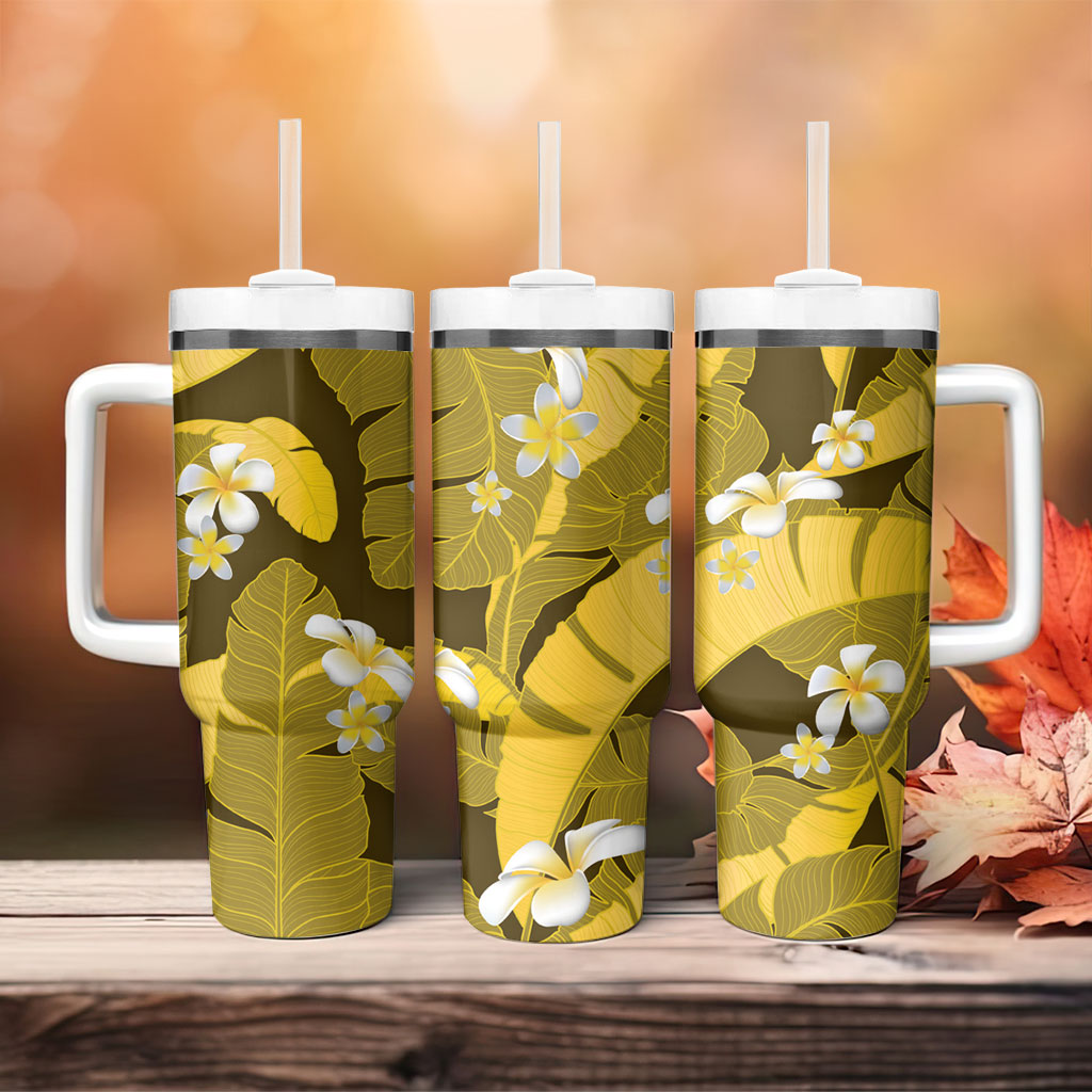 Yellow Banana Leaf Hawaii Tumbler With Handle Lau Maia Plumeria Tropical Summer Vibes LT14 - Polynesian Pride