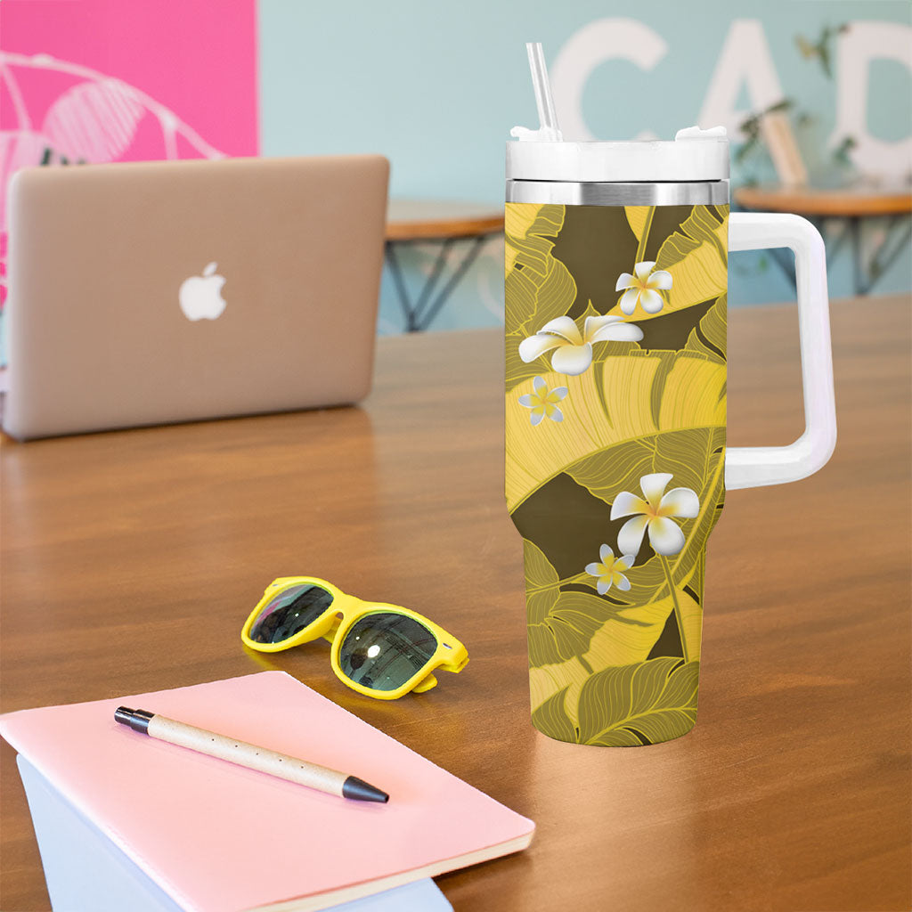 Yellow Banana Leaf Hawaii Tumbler With Handle Lau Maia Plumeria Tropical Summer Vibes LT14 - Polynesian Pride