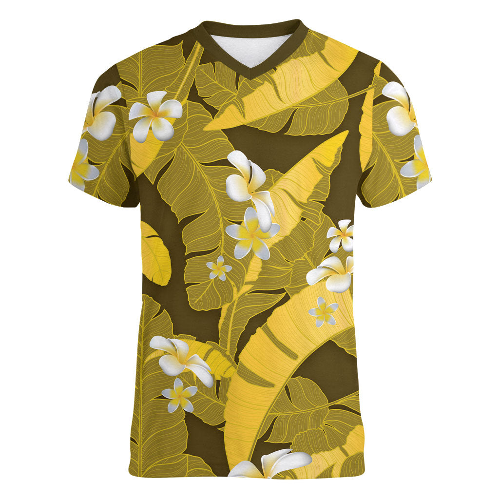 Yellow Banana Leaf Hawaii Women V-Neck T-Shirt Lau Maia Plumeria Tropical Summer Vibes LT14 Female Yellow - Polynesian Pride