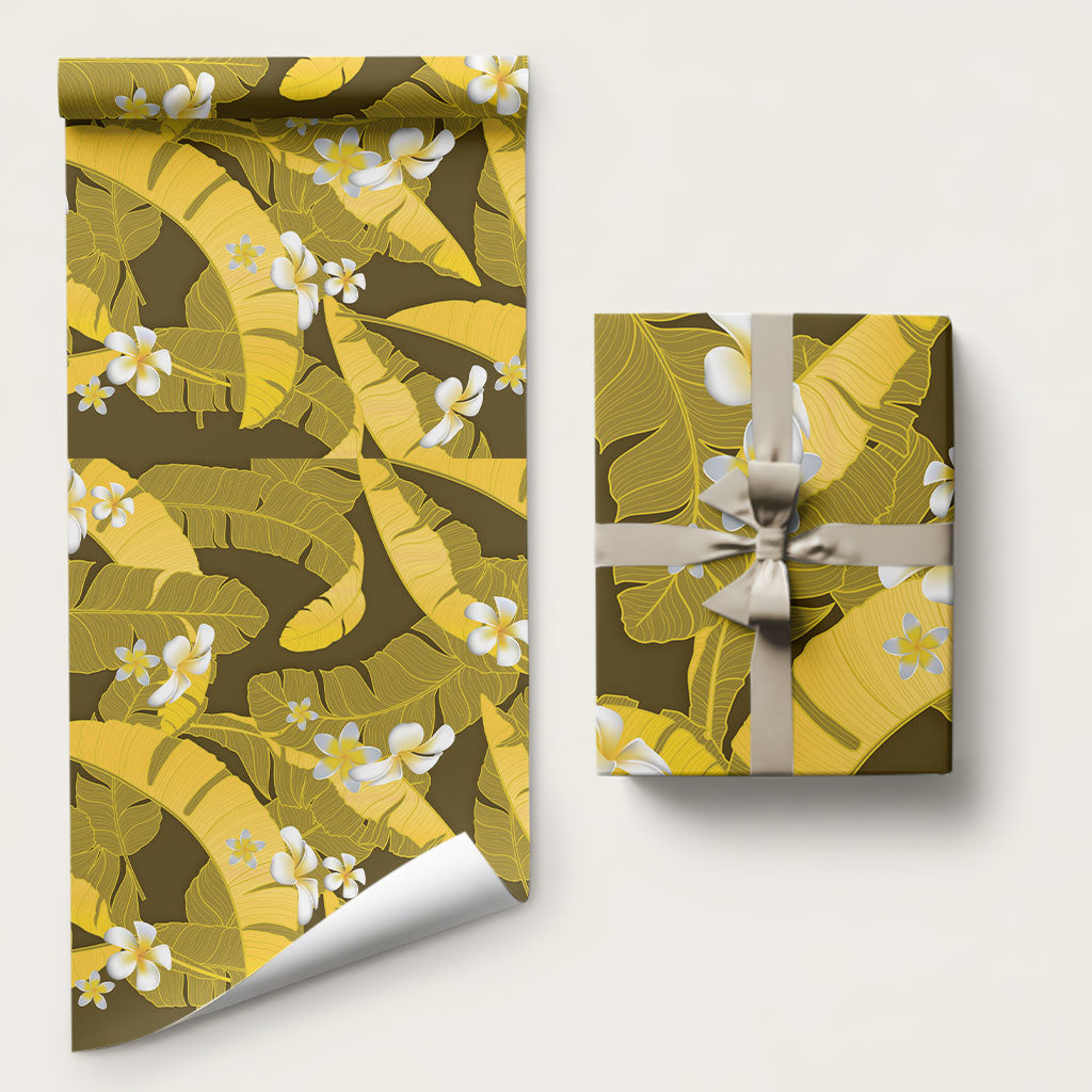 Yellow Banana Leaf Hawaii Wrapping Paper Lau Maia Plumeria Tropical Summer Vibes LT14 58" × 23" Yellow - Polynesian Pride