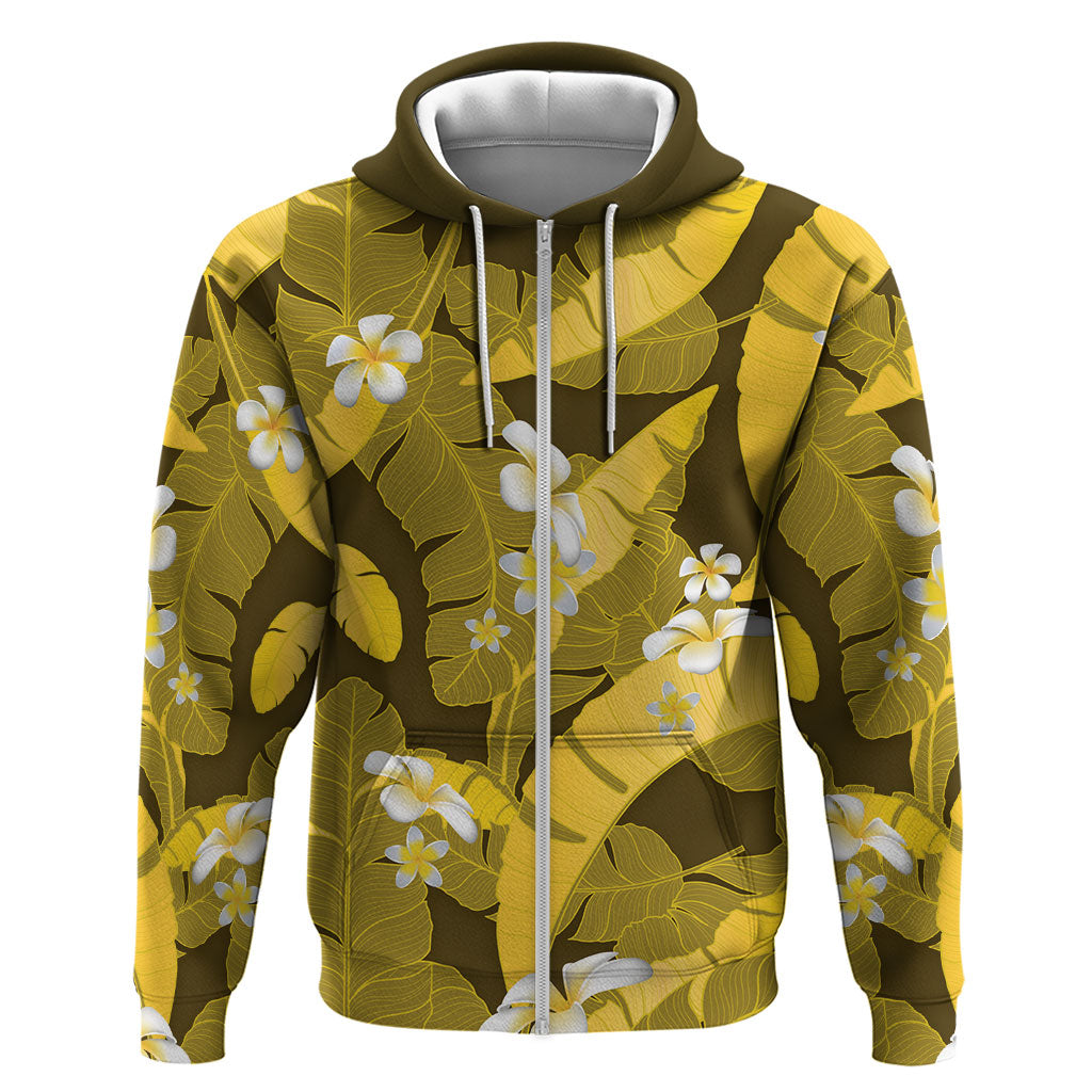 Yellow Banana Leaf Hawaii Zip Hoodie Lau Maia Plumeria Tropical Summer Vibes LT14 Zip Hoodie Yellow - Polynesian Pride