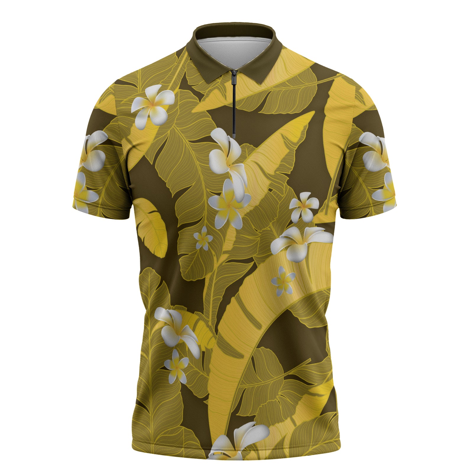 Yellow Banana Leaf Hawaii Zipper Polo Shirt Lau Maia Plumeria Tropical Summer Vibes LT14 Yellow - Polynesian Pride