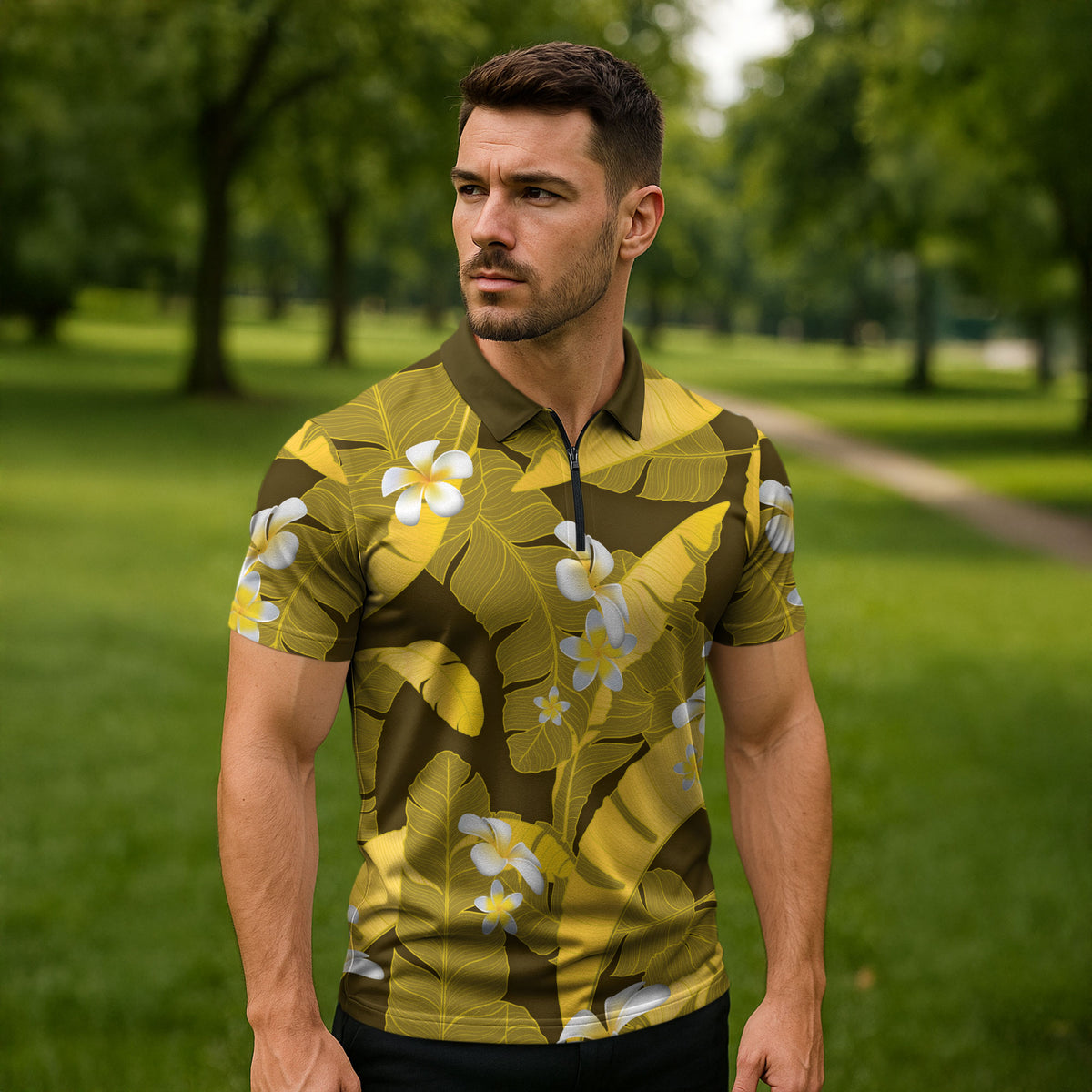 Yellow Banana Leaf Hawaii Zipper Polo Shirt Lau Maia Plumeria Tropical Summer Vibes LT14 - Polynesian Pride