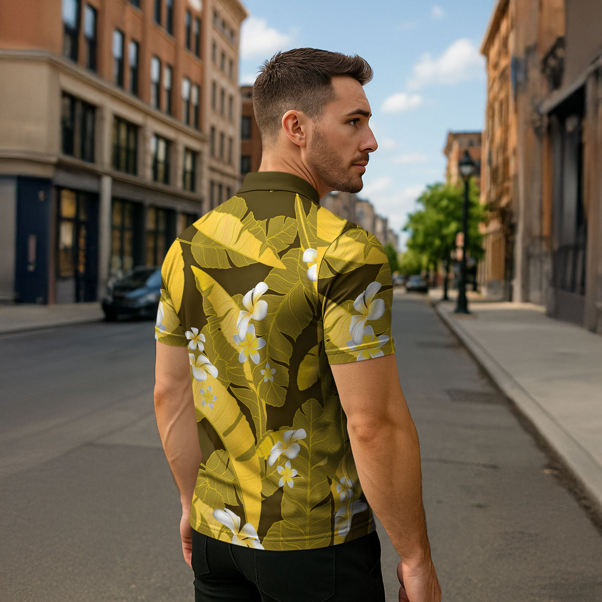 Yellow Banana Leaf Hawaii Zipper Polo Shirt Lau Maia Plumeria Tropical Summer Vibes LT14 - Polynesian Pride