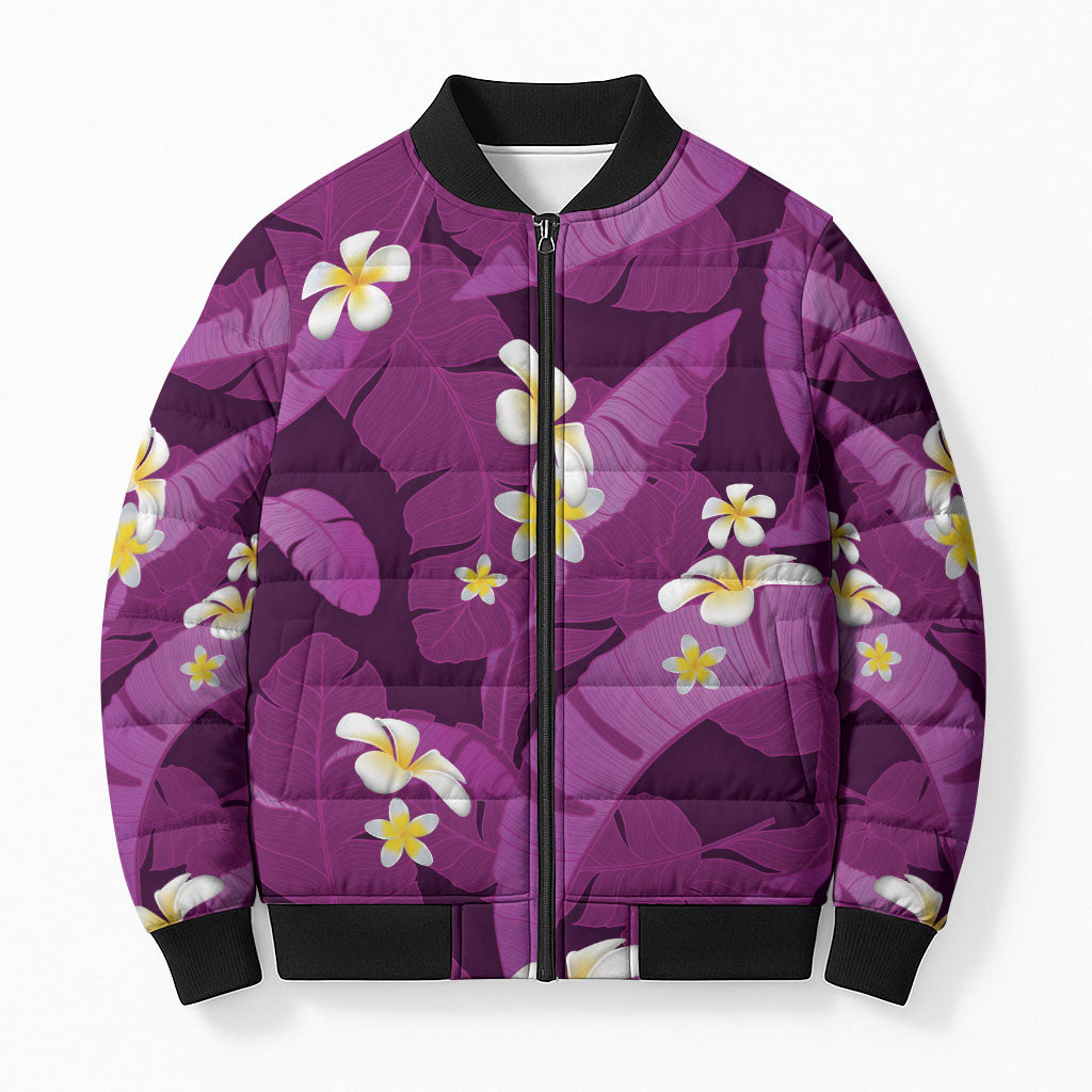 Purple Banana Leaf Hawaii Bomber Puffer Jacket Lau Maia Plumeria Tropical Summer Vibes LT14 Unisex Purple - Polynesian Pride