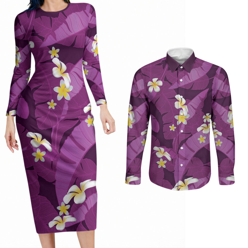 Purple Banana Leaf Hawaii Couples Matching Long Sleeve Bodycon Dress and Long Sleeve Button Shirt Lau Maia Plumeria Tropical Summer Vibes LT14 Purple - Polynesian Pride