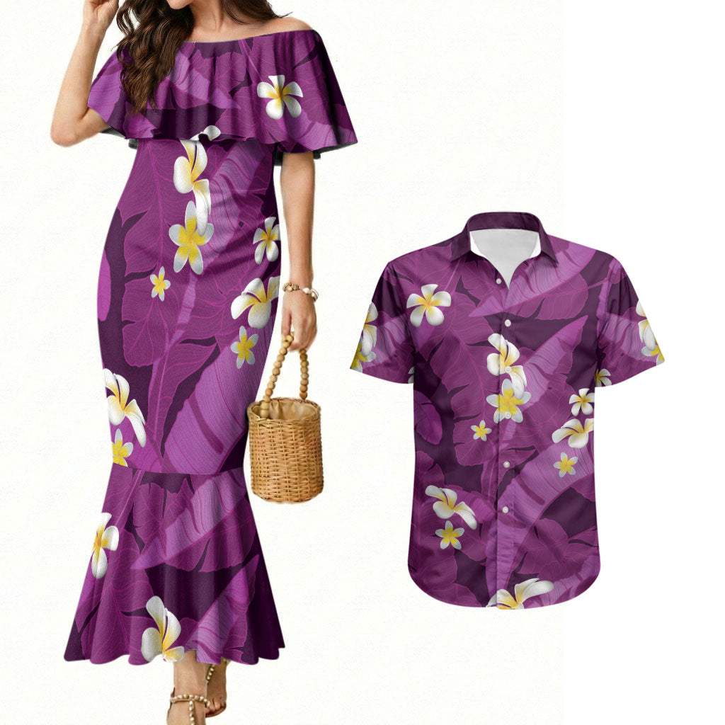 Purple Banana Leaf Hawaii Couples Matching Mermaid Dress and Hawaiian Shirt Lau Maia Plumeria Tropical Summer Vibes LT14 Purple - Polynesian Pride