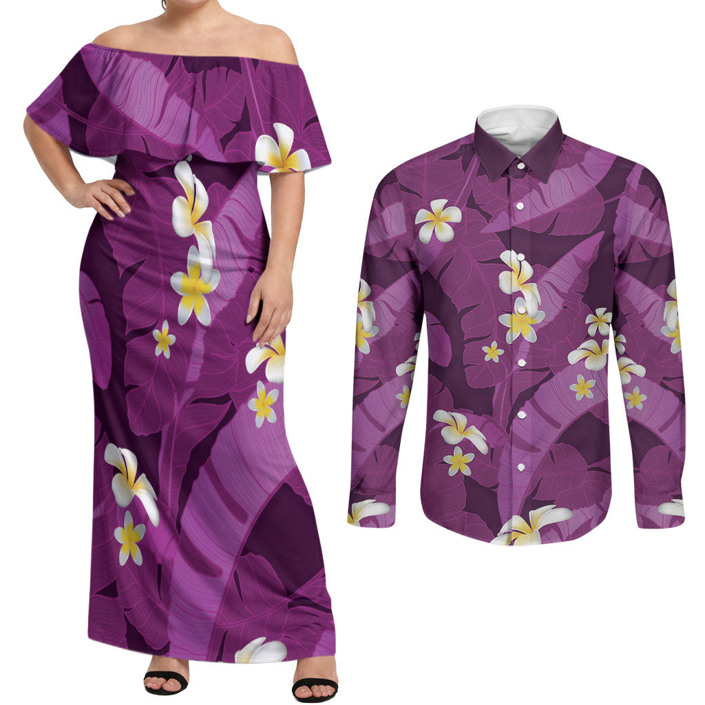 Purple Banana Leaf Hawaii Couples Matching Off Shoulder Maxi Dress and Long Sleeve Button Shirt Lau Maia Plumeria Tropical Summer Vibes LT14 Purple - Polynesian Pride