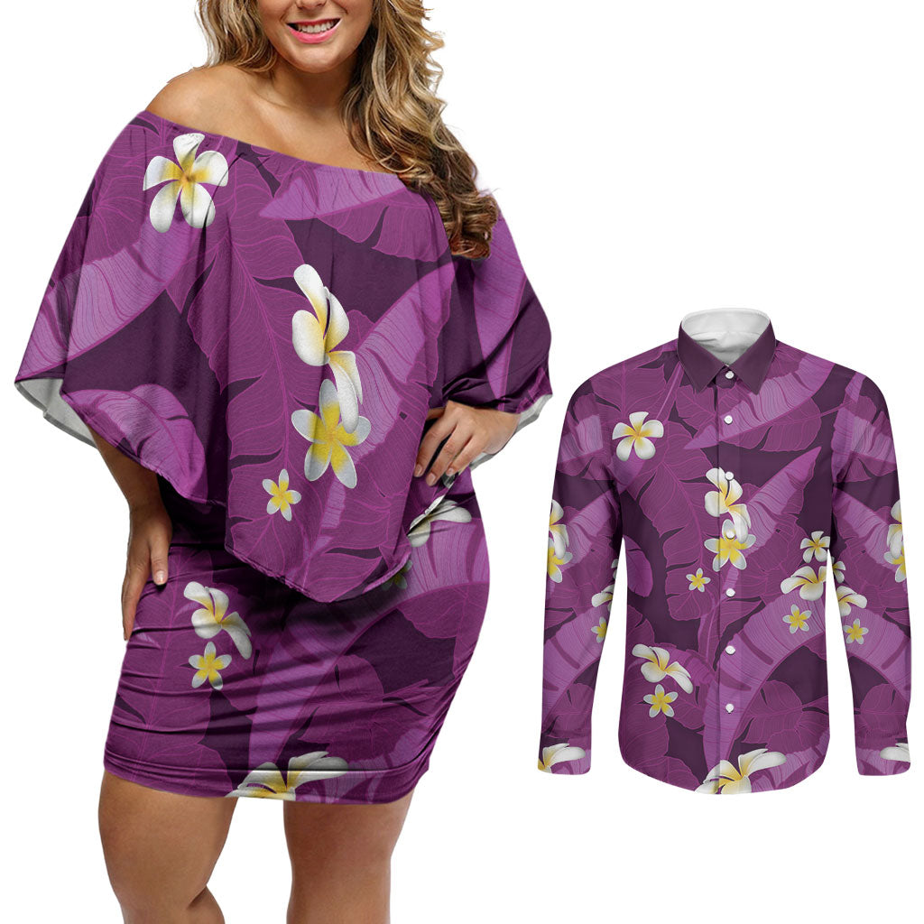 Purple Banana Leaf Hawaii Couples Matching Off Shoulder Short Dress and Long Sleeve Button Shirt Lau Maia Plumeria Tropical Summer Vibes LT14 Purple - Polynesian Pride
