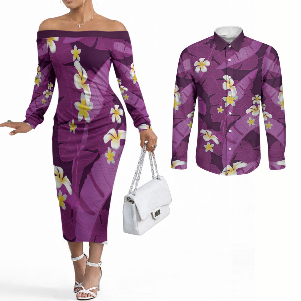 Purple Banana Leaf Hawaii Couples Matching Off The Shoulder Long Sleeve Dress and Long Sleeve Button Shirt Lau Maia Plumeria Tropical Summer Vibes LT14 Purple - Polynesian Pride