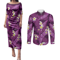 Purple Banana Leaf Hawaii Couples Matching Puletasi and Long Sleeve Button Shirt Lau Maia Plumeria Tropical Summer Vibes LT14 Purple - Polynesian Pride
