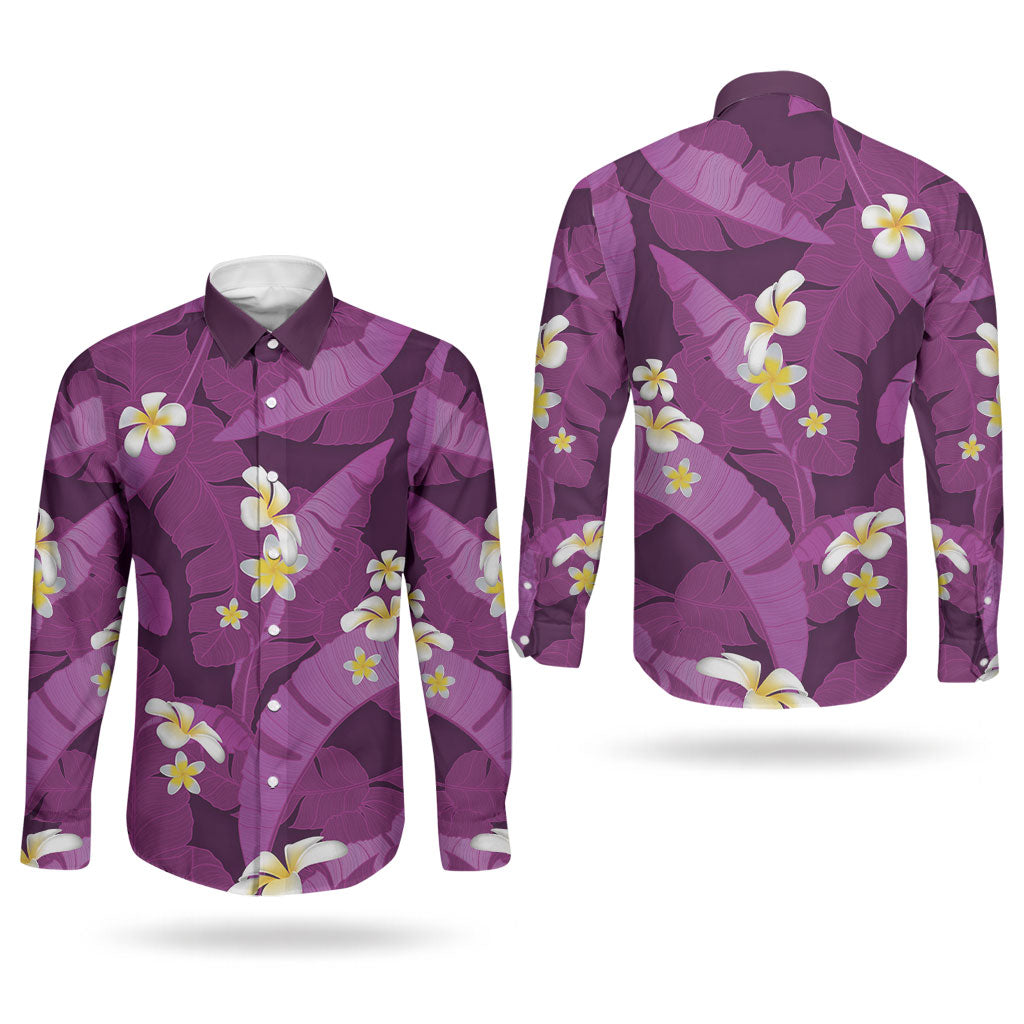 Purple Banana Leaf Hawaii Couples Matching Puletasi and Long Sleeve Button Shirt Lau Maia Plumeria Tropical Summer Vibes LT14 - Polynesian Pride