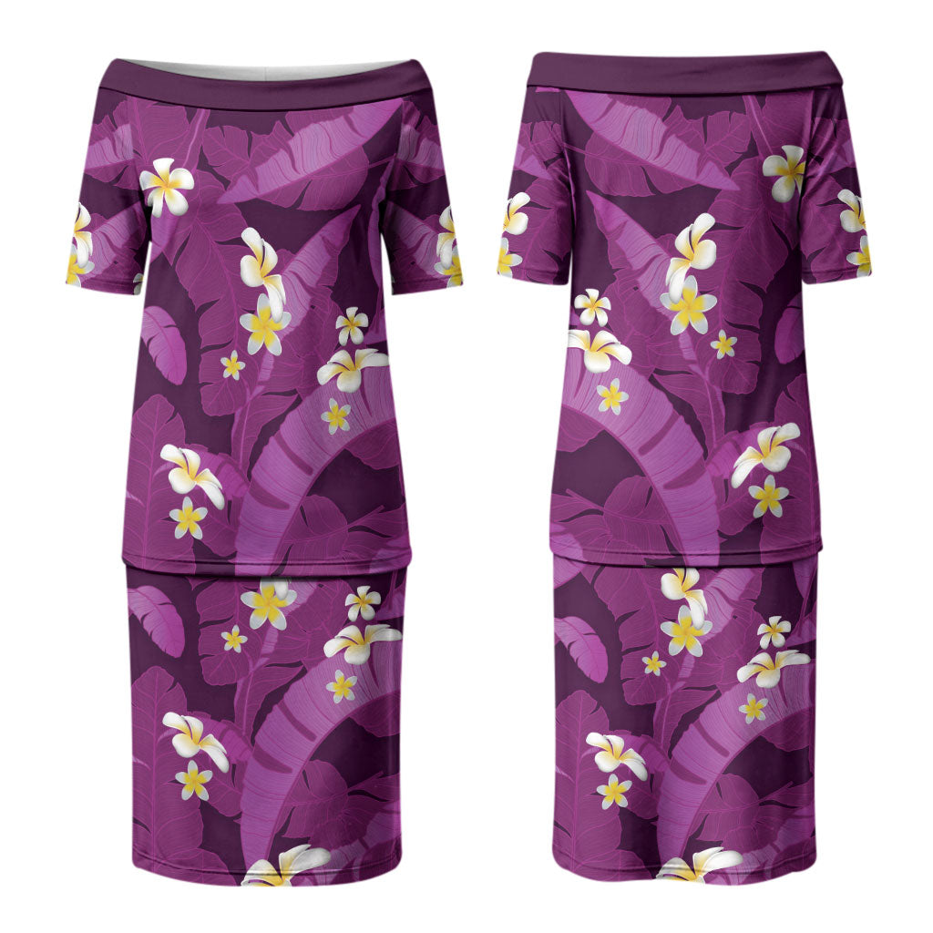 Purple Banana Leaf Hawaii Couples Matching Puletasi and Long Sleeve Button Shirt Lau Maia Plumeria Tropical Summer Vibes LT14 - Polynesian Pride