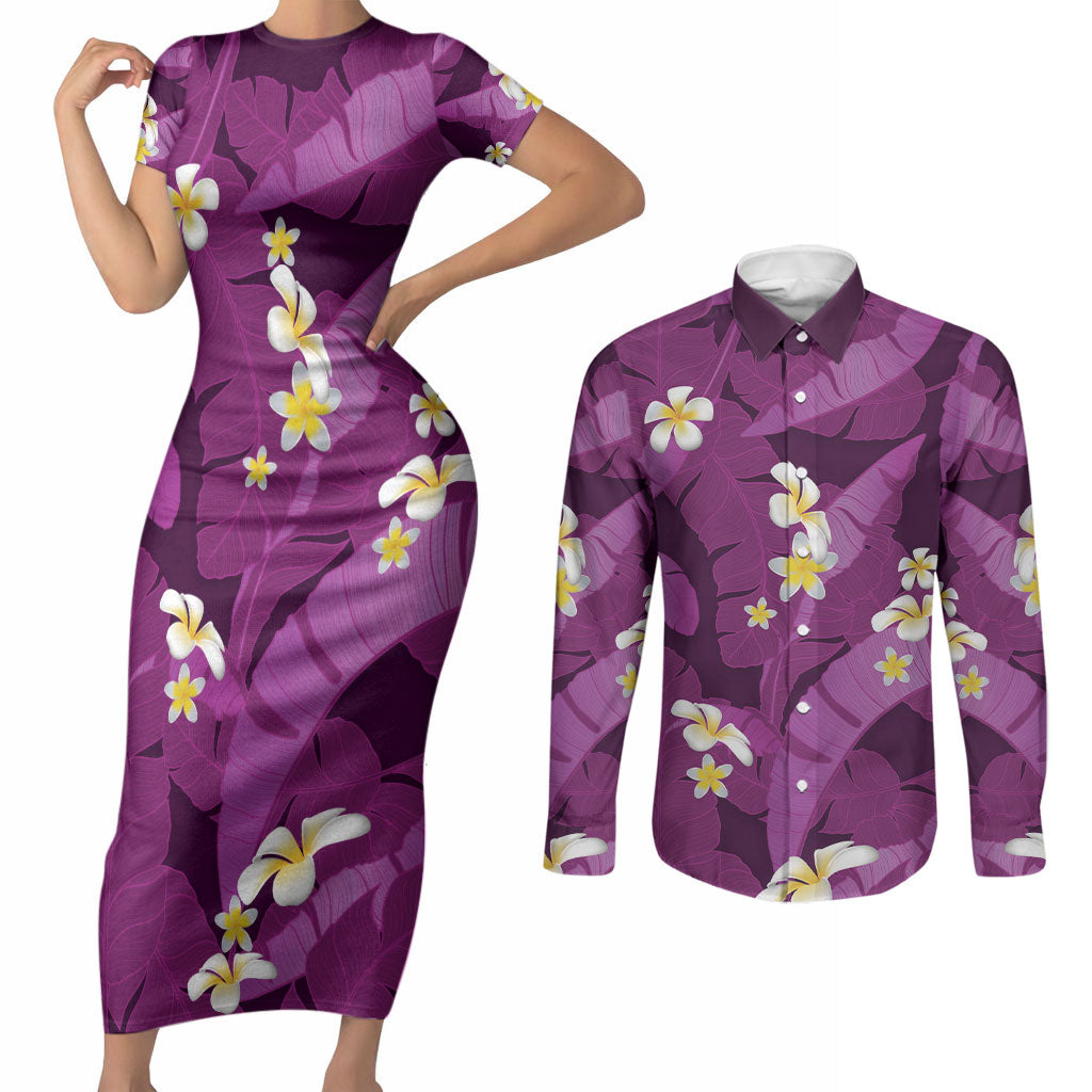 Purple Banana Leaf Hawaii Couples Matching Short Sleeve Bodycon Dress and Long Sleeve Button Shirt Lau Maia Plumeria Tropical Summer Vibes LT14 Purple - Polynesian Pride