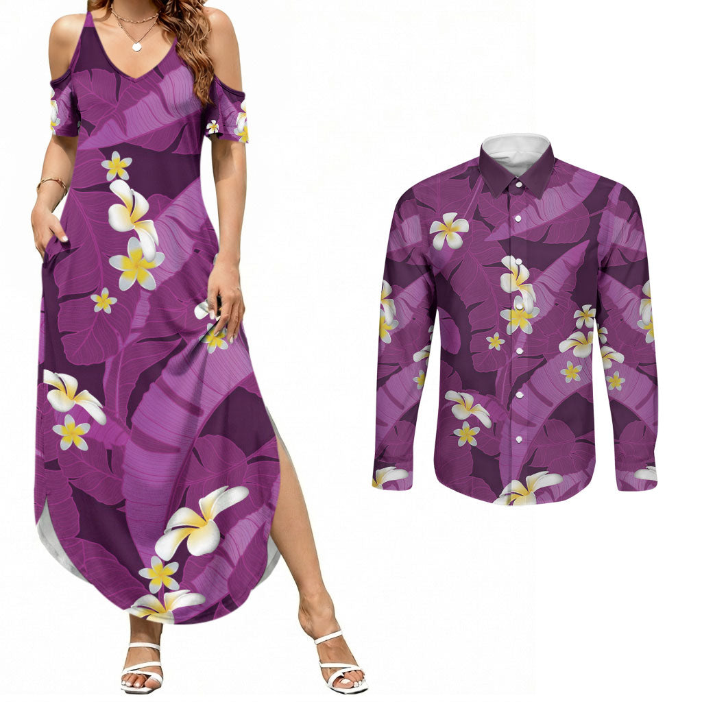 Purple Banana Leaf Hawaii Couples Matching Summer Maxi Dress and Long Sleeve Button Shirt Lau Maia Plumeria Tropical Summer Vibes LT14 Purple - Polynesian Pride