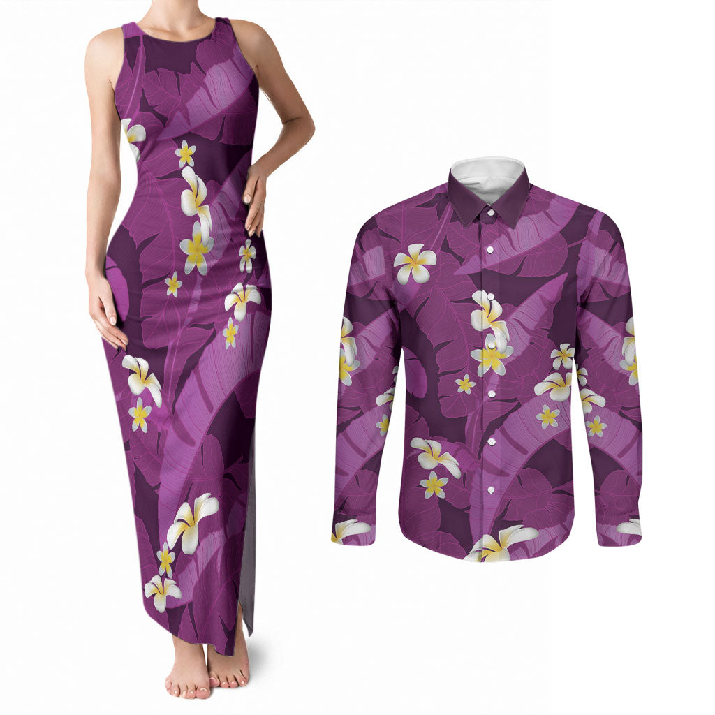 Purple Banana Leaf Hawaii Couples Matching Tank Maxi Dress and Long Sleeve Button Shirt Lau Maia Plumeria Tropical Summer Vibes LT14 Purple - Polynesian Pride