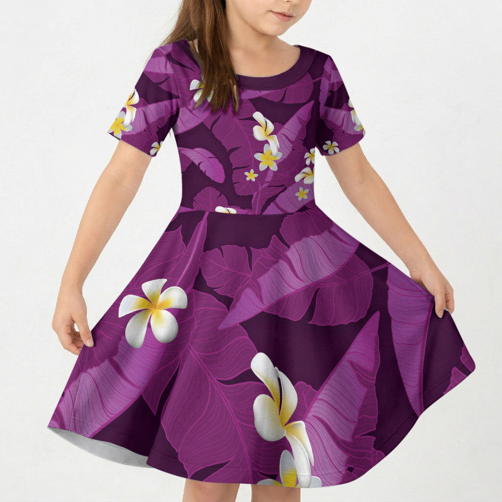 Purple Banana Leaf Hawaii Kid Short Sleeve Dress Lau Maia Plumeria Tropical Summer Vibes LT14 KID Purple - Polynesian Pride