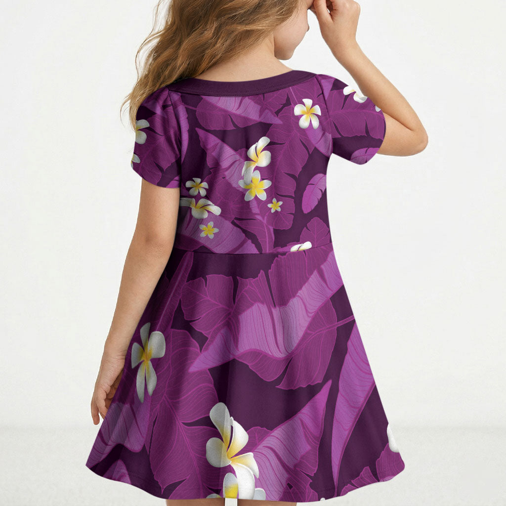 Purple Banana Leaf Hawaii Kid Short Sleeve Dress Lau Maia Plumeria Tropical Summer Vibes LT14 - Polynesian Pride