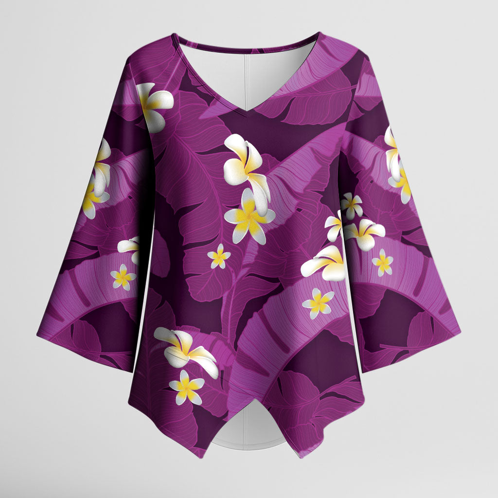 Purple Banana Leaf Hawaii Kimono Sleeve Blouse Lau Maia Plumeria Tropical Summer Vibes LT14 Female Purple - Polynesian Pride