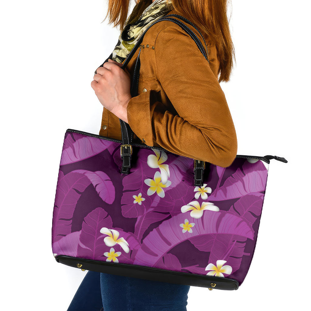 Purple Banana Leaf Hawaii Leather Tote Bag Lau Maia Plumeria Tropical Summer Vibes LT14 Purple - Polynesian Pride