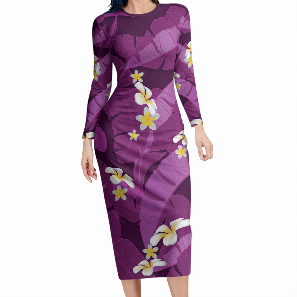 Purple Banana Leaf Hawaii Long Sleeve Bodycon Dress Lau Maia Plumeria Tropical Summer Vibes LT14 Long Dress Purple - Polynesian Pride