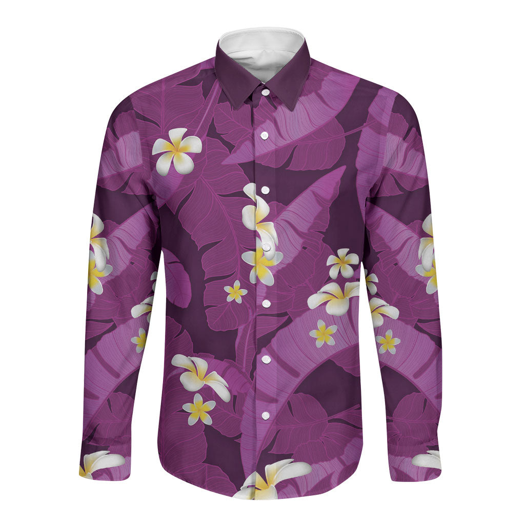 Purple Banana Leaf Hawaii Long Sleeve Button Shirt Lau Maia Plumeria Tropical Summer Vibes LT14 Unisex Purple - Polynesian Pride