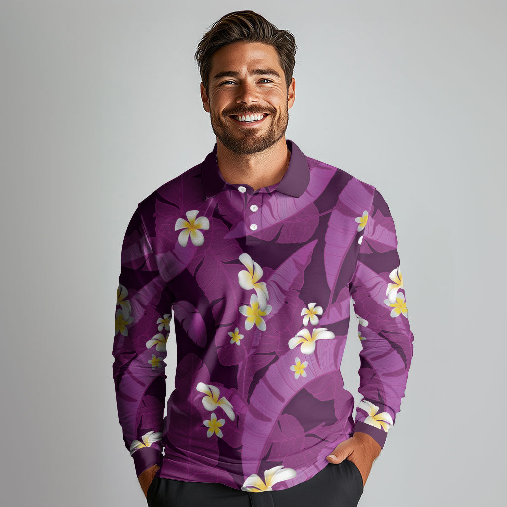 Purple Banana Leaf Hawaii Long Sleeve Polo Shirt Lau Maia Plumeria Tropical Summer Vibes LT14 - Polynesian Pride