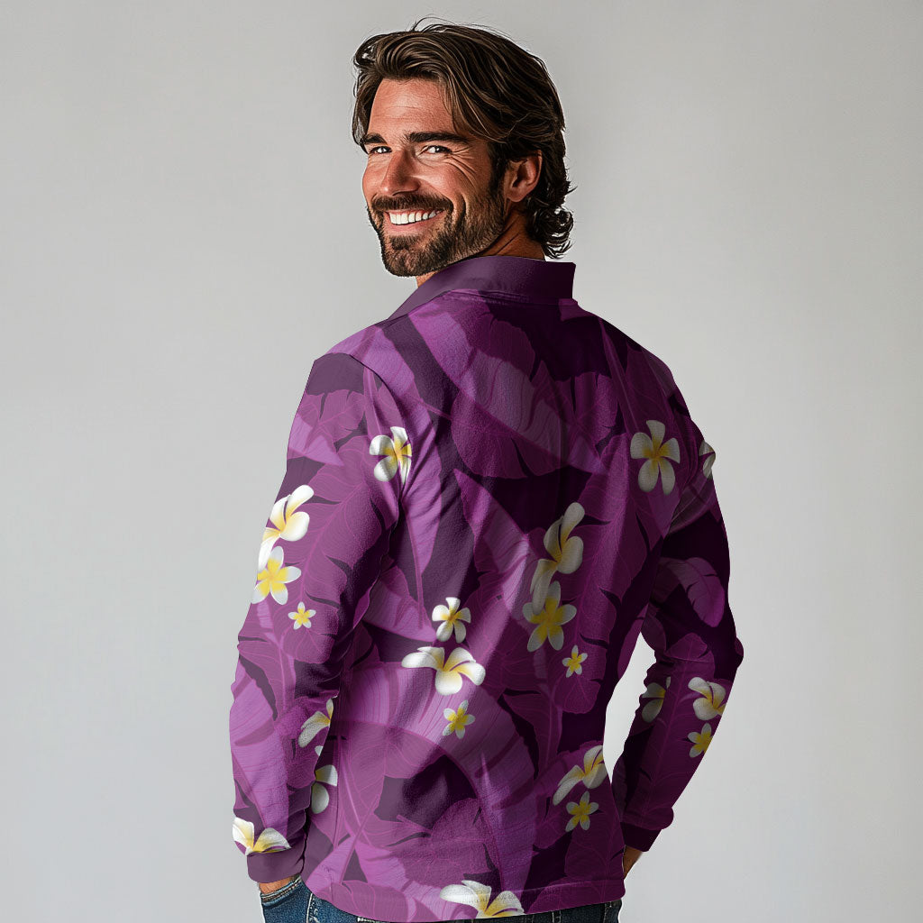 Purple Banana Leaf Hawaii Long Sleeve Polo Shirt Lau Maia Plumeria Tropical Summer Vibes LT14 - Polynesian Pride
