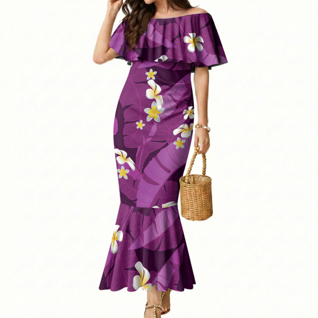 Purple Banana Leaf Hawaii Mermaid Dress Lau Maia Plumeria Tropical Summer Vibes LT14 Women Purple - Polynesian Pride