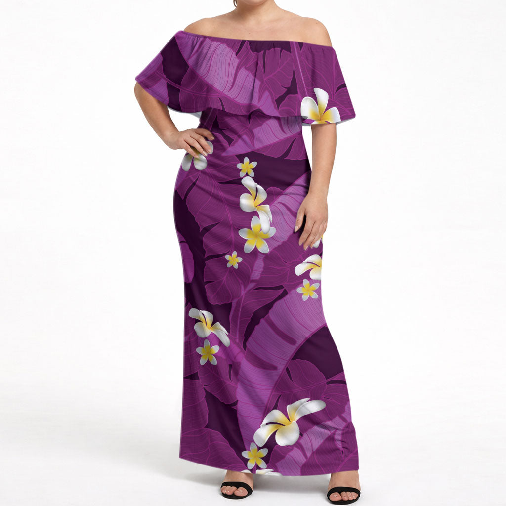Purple Banana Leaf Hawaii Off Shoulder Maxi Dress Lau Maia Plumeria Tropical Summer Vibes LT14 Women Purple - Polynesian Pride